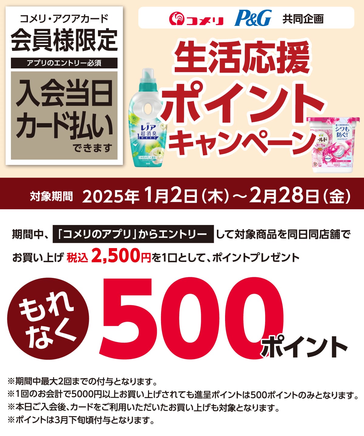P&G�@���������|�C���g�L�����y�[���@2025�N1��2��(��)�`2��28���i���j�̃L�����y�[�����Ԓ��A�ō�2,500�~��1���Ƃ��Ă���Ȃ�500�|�C���g�v���[���g�I�A�v������̃G���g���[���K�v�ł��B